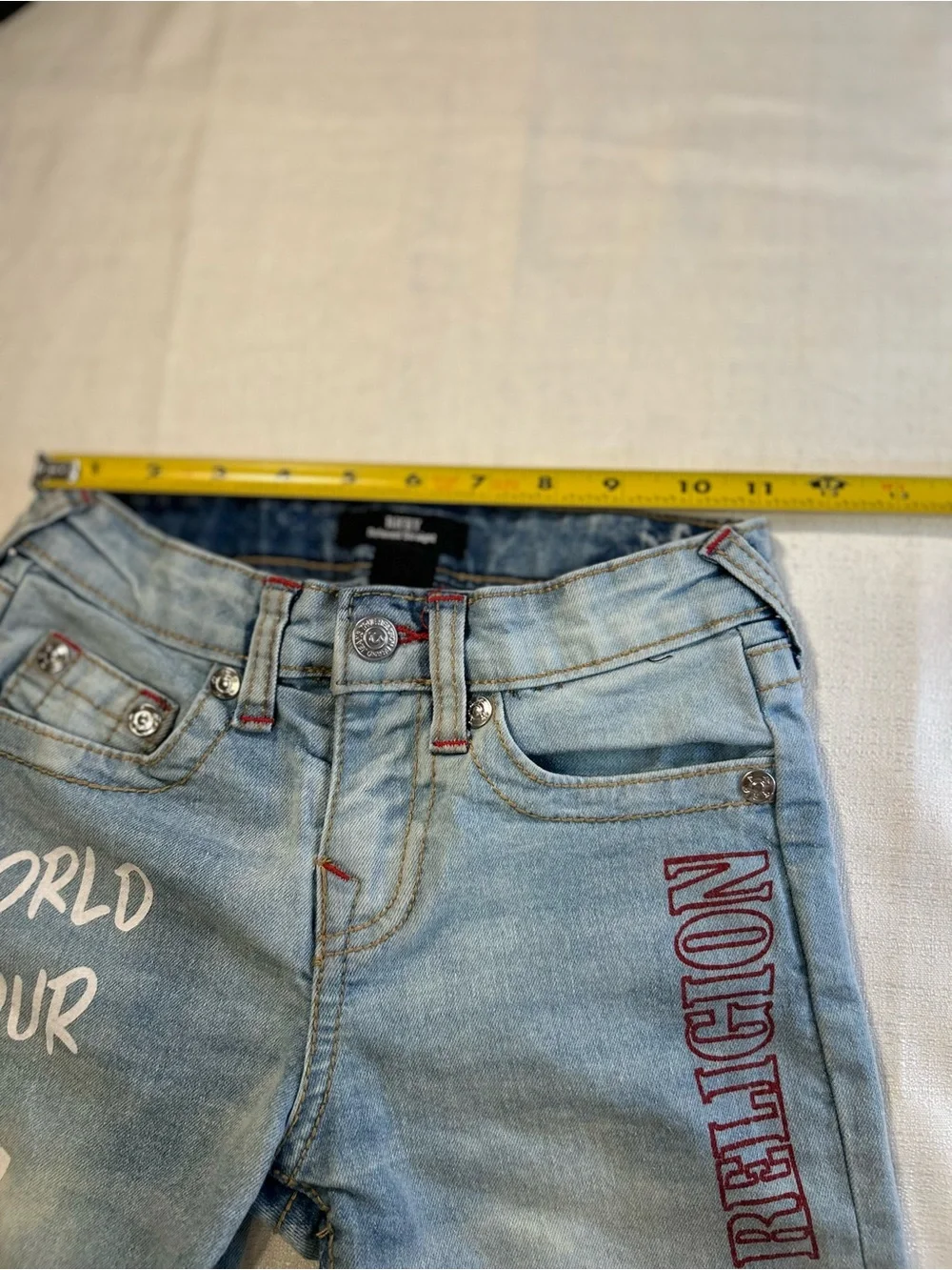 True Religion Ricky World Tour Denim Shorts Boys Size 8 Light Wash Logo